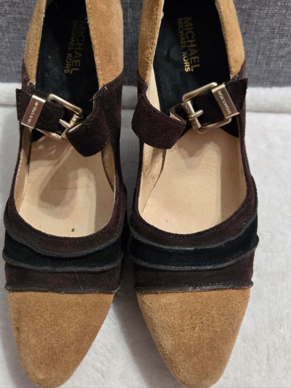 Michael Kors Two-Tone Suede Mary Jane Heels in Brown Tan & Black - Picture 2 of 5